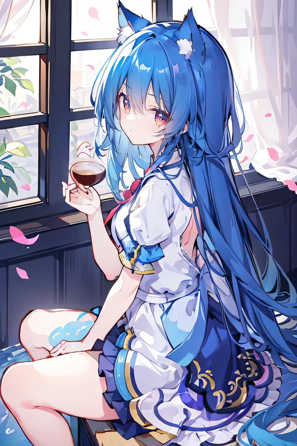 （masterpiece：1.2），Super detailed，lifelike，Expressive eyes，fair skin，perfect face shape，1 girl，
Japanese comics,Gorgeous blue hair,flowing blue hair,flowing clothes,Cat ears,Petals fall,beautiful lola,Baby Angel,
Shaking head with one hand，Cross your legs，，The pavilion is cool and comfortable,smile,back views,sunrise,Petals fall,sitting on window sill drinking coffee and looking out the window