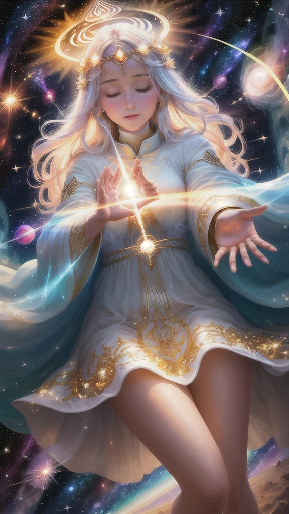 A with open hands reaching out to the bright light of space, Astral travel, Radiate magic from the palm of your hand, Direct the energy of the third eye, Channeling mysterious energy, Radiate the energy of rebirth, Spiritual light, Spiritual lighting, ethereal angelic being of light, Divine Light of Light, divine ray over her head, A glowing halo overhead, Radiant halo of light
