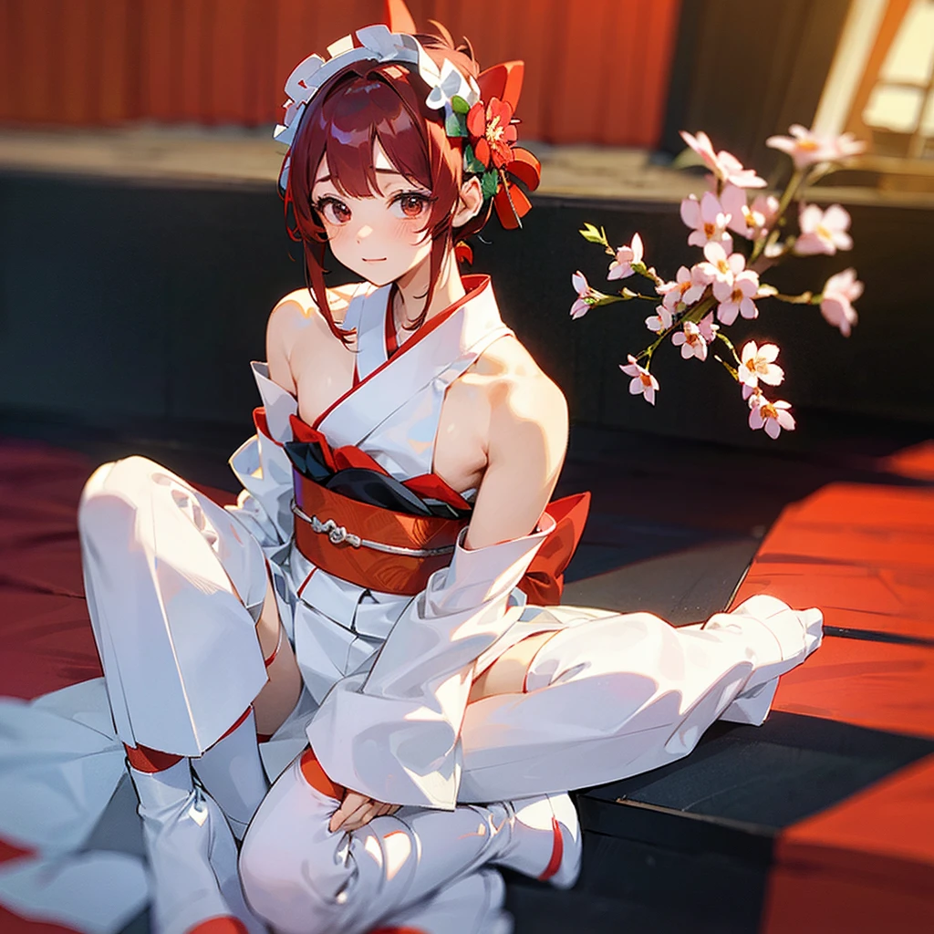 Create a boy wearing a kimono(the kimono leaves the neck, shoulders and legs exposed) red and a flower crown , his body is slightly feminine and delicate, thigh-high socks