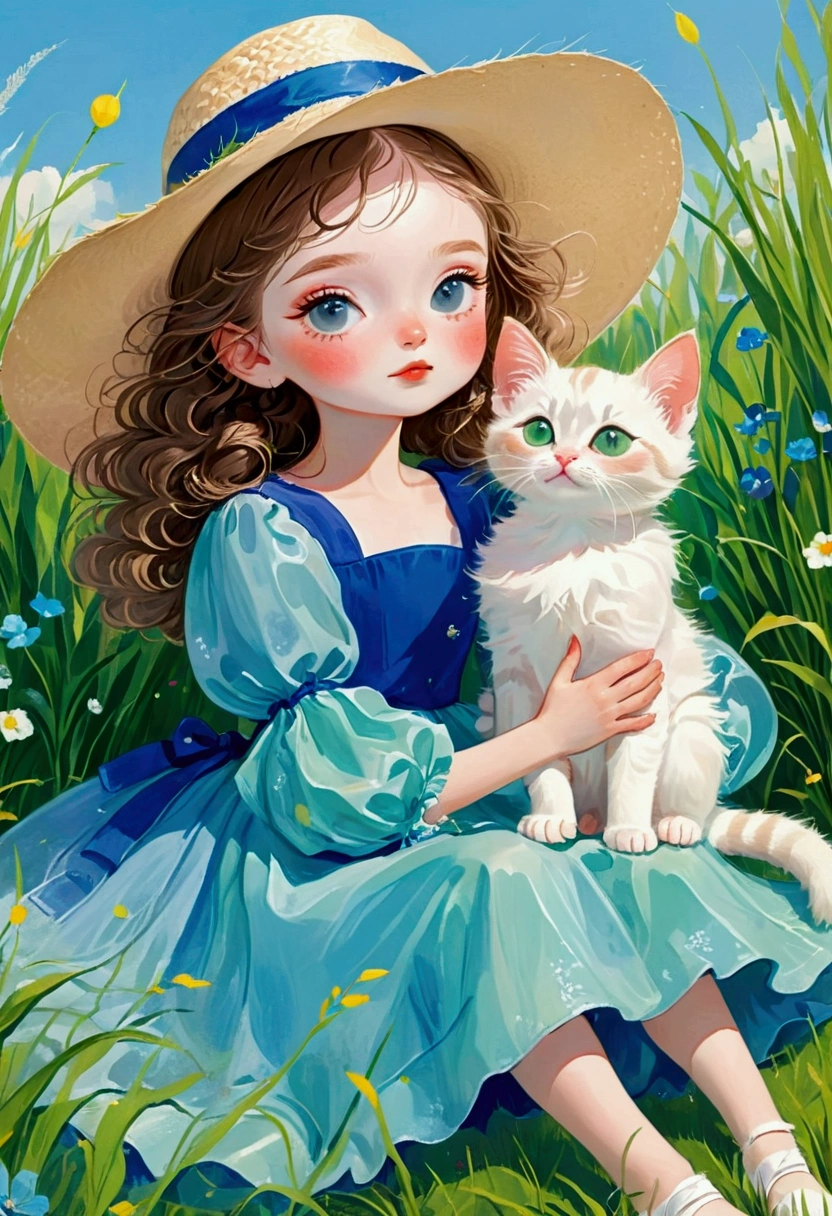A painting，Pastel Art：(1Cute little girl and kitten sitting in the grass,Blue pupils，Little straw hat，Delicate hair,)，(Exaggerated dress，Puffy and exaggerated sleeves，Fluffy，Fluffy白色薄纱)，green solid color backdrop
