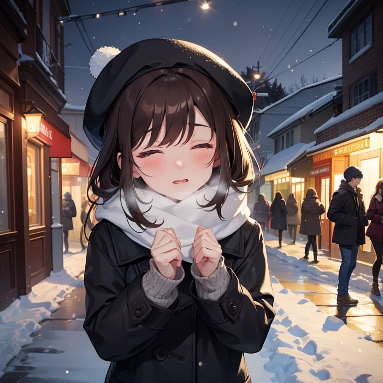 Masterpiece, best quality, high quality, One boy, One girl, wearing cozy sweaters and hats to keep warm. In the street, closed eyes, kissing, blushed faces, boy has Short Brown hair, girl has Long Brown hair, In the background there are people walking, romantic atmosphere, with soft lighting and a touch of snow falling in the air. The colors are warm and inviting, Winter, snow on the ground, Night
