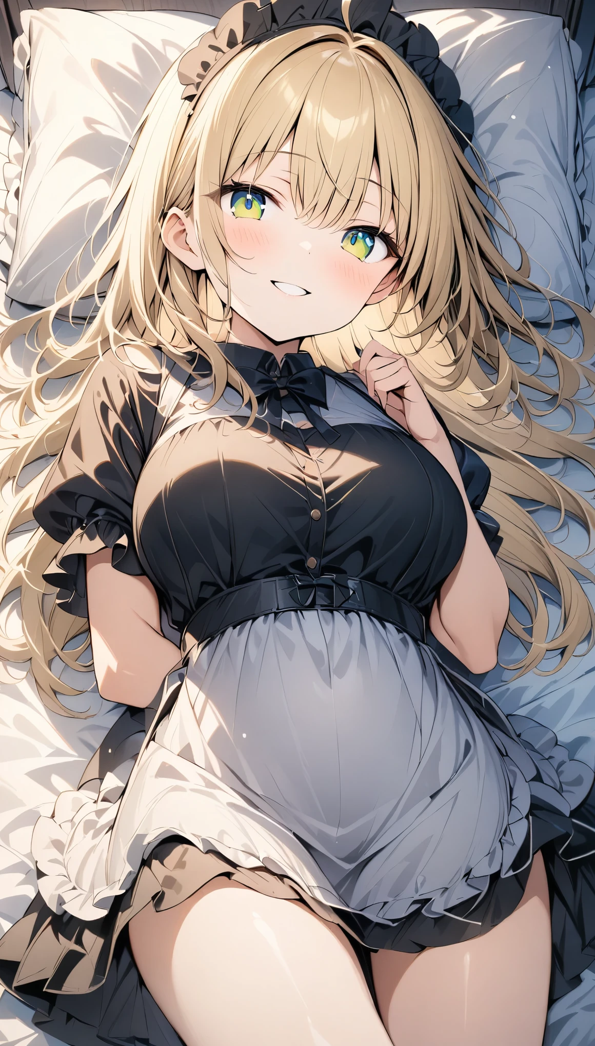 masterpiece, Highest quality, Very detailed, High resolution, Very detailedCG, smile,17 years old、Late night bedroom、On the bed、cute、blonde、Semi-long hair、Big round eye-aid costume、Maid Costume、From above, breast focus、
