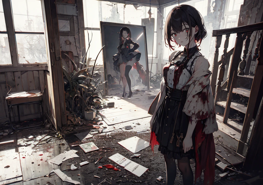 Realistic photos, Focus distance 10mm, Red and white, Beautiful girl, Realistic photos, Focus distance 10mmで撮影, masterpiece, 最high quality, high quality, Very detailed CG 8k wallpaper unit, Award-winning photography, Depth of written boundary, High resolution, bloom, chromatic aberration, Realistic, Very detailed, Art Station Trends, CGsociety Trends, Complex, High detail, dramatic, Art on the go, volumetric lighting, Beautiful zombie girl standing in an old abandoned mansion, with bloody clothes and a bruised face, spooky, horor, Halloween