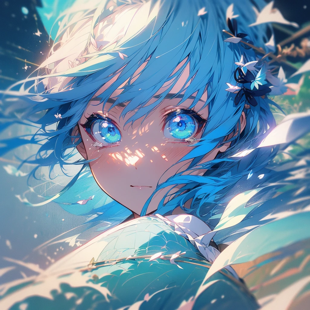 (1 girl:1.3)、(Light blue hair:1.2)、Light blue and green kimono(masterpiece, Highest quality,Beautiful details, Very detailed, :1.2), mysterious、forget-me-not、Don't forget、tears、Sad space、Highest quality、Japanese style、