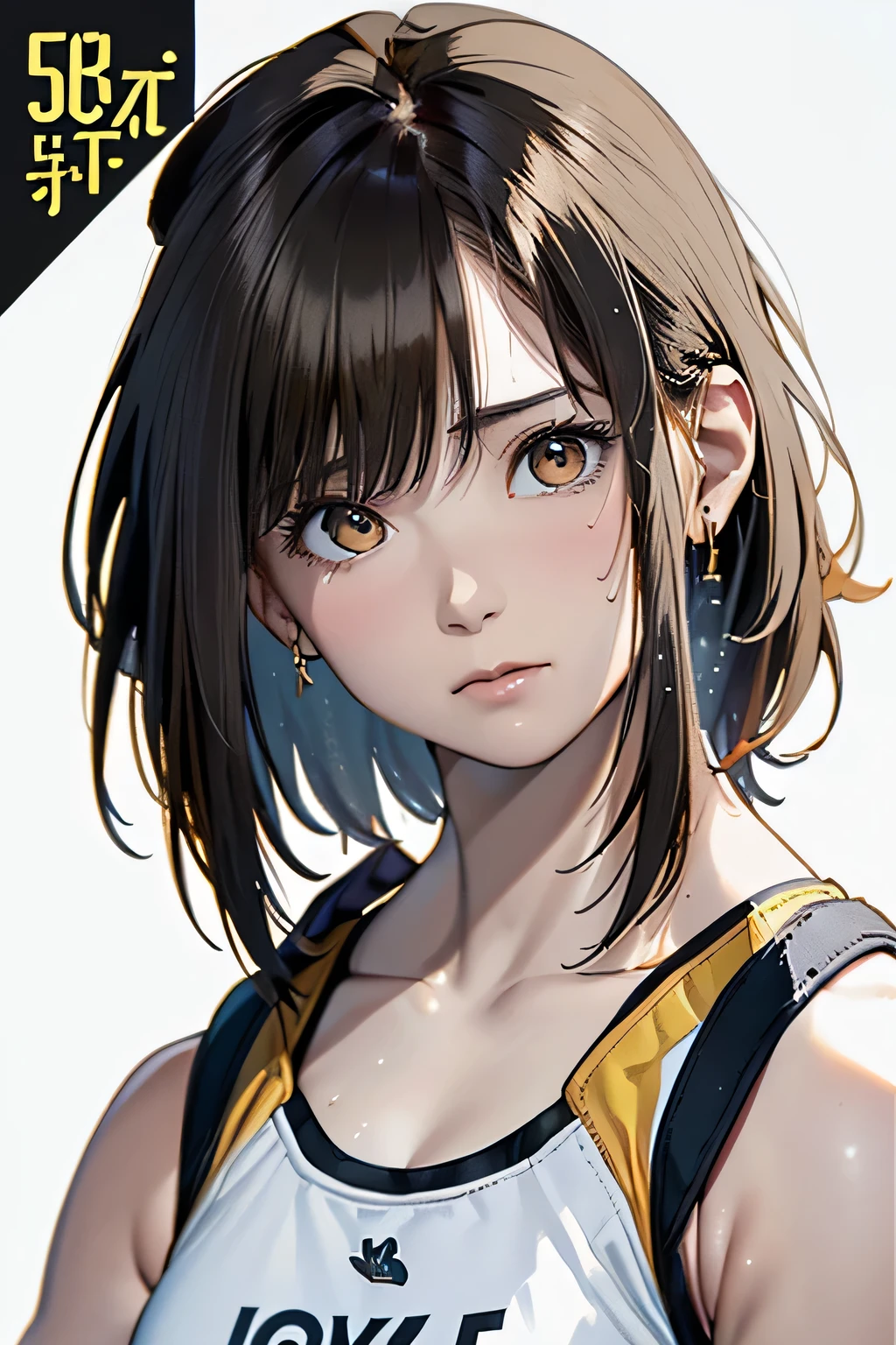 (Highest quality, 8k, Oil, Tabletop:1.2), Very detailed, (Realistic, Realistic:1.37), (((Full Body Shot)))、Bright colors, (((My face is sweaty)))、(((Yellow sports bra)))、(((English Print Sports Bra)))、(((２０Women of a certain age)))、(((Yellow sports bra)))、(((The sports bra has text printed on it)))、(((Slightly smaller chest)))、 (((Black Hair)))、(((Shoulder-length bob hair)))、((( White Background))), (((Tired look)))、(((Heavy breathing)))、(((Girlish hairstyle)))、(((Beaver)))、(((In front of a white wall)))、(((There is nothing above the head)))、