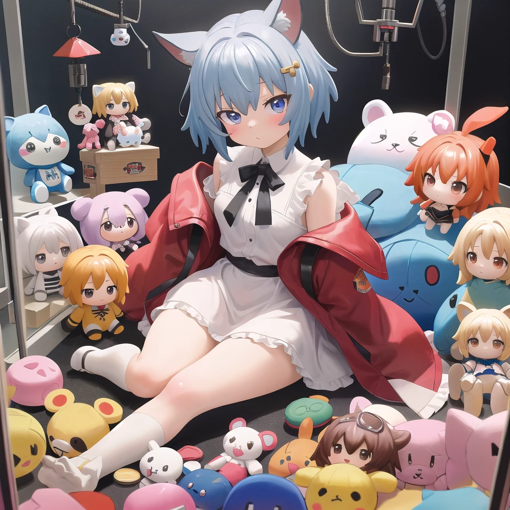 masterpiece, best quality, absurdres, ultra detail,nendoroid, dwarfãgirl,Anya,chibi,, short hair,hang up,clawmachine,(plushies, plush, goodies, plushies, toys),