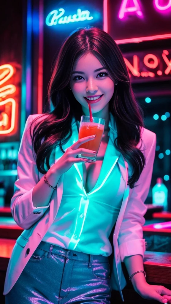 A beautiful woman in a stylish suit、Enjoying a drink in a neon-lit bar、The scene where she shows off her best smile。The scenes are vivid and of high quality、Detailed and meticulously drawn。Beautiful woman's perfect face highlighted by neon lights、It creates a wonderful contrast。The bar is decorated with colorful neon signs.、There is a lively atmosphere。The suit is sophisticated and stylish.、It accentuates her elegant appearance。Ultra-realistic 8K resolution throughout、Captures every detail。Her face is full of joy、With beautiful eyes and a perfect smile、It gives the scene a sense of life and charm.。