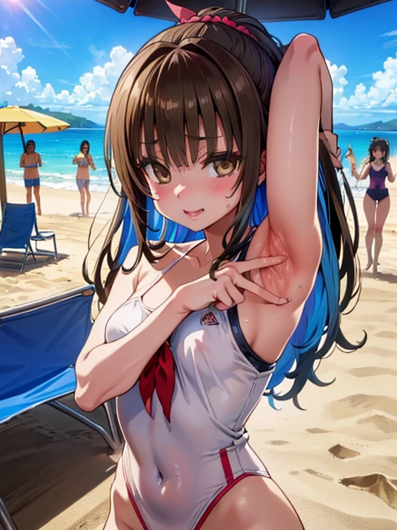 spread armpit, (armpit focus:1.3), smile,Open your mouth, (portrait),
embarrassed, bewitching pose, (((vulgarity))), sweat,滴るwater滴,My whole body is wet,heavy breathing, humid, fog,(Stuffy armpits:1.2), 
Mikan Yuuki, (brown eyes:1.5), brown hair, hair ornament, hair scrunchie, long hair, pink scrunchie, scrunchie,
Symmetrical eyes,((Highest quality)), ((masterpiece)),(detailed),High resolution,Sharp focus,Perfect Face,Perfect Fingers,{best illustration},(complete anatomy),
(非常にdetailed CG unity 8k wallpaper),(((Vibrant colors))),Official Art,
shiny 肌,very shiny 肌,Shiny body,plastic glitter 肌,exaggerated shiny 肌,illuminated 肌,
((detailedなボディ)),(detailedな顔)), cute,Lewd,erotic,Bold,Camel Toe,(erection of nipple),
Outdoor,wood,scenery,Chair,Beach,bucket,Day,food,umbrella,palm tree,sand,null,boat,Fruits Sea,table,water, 
cup, shade, lounge chair, beach chair,plant,dish,Bottle,cloud,beach umbrella,Shadow,wearing slingshot swimsuit,towel,Dazzling Light,