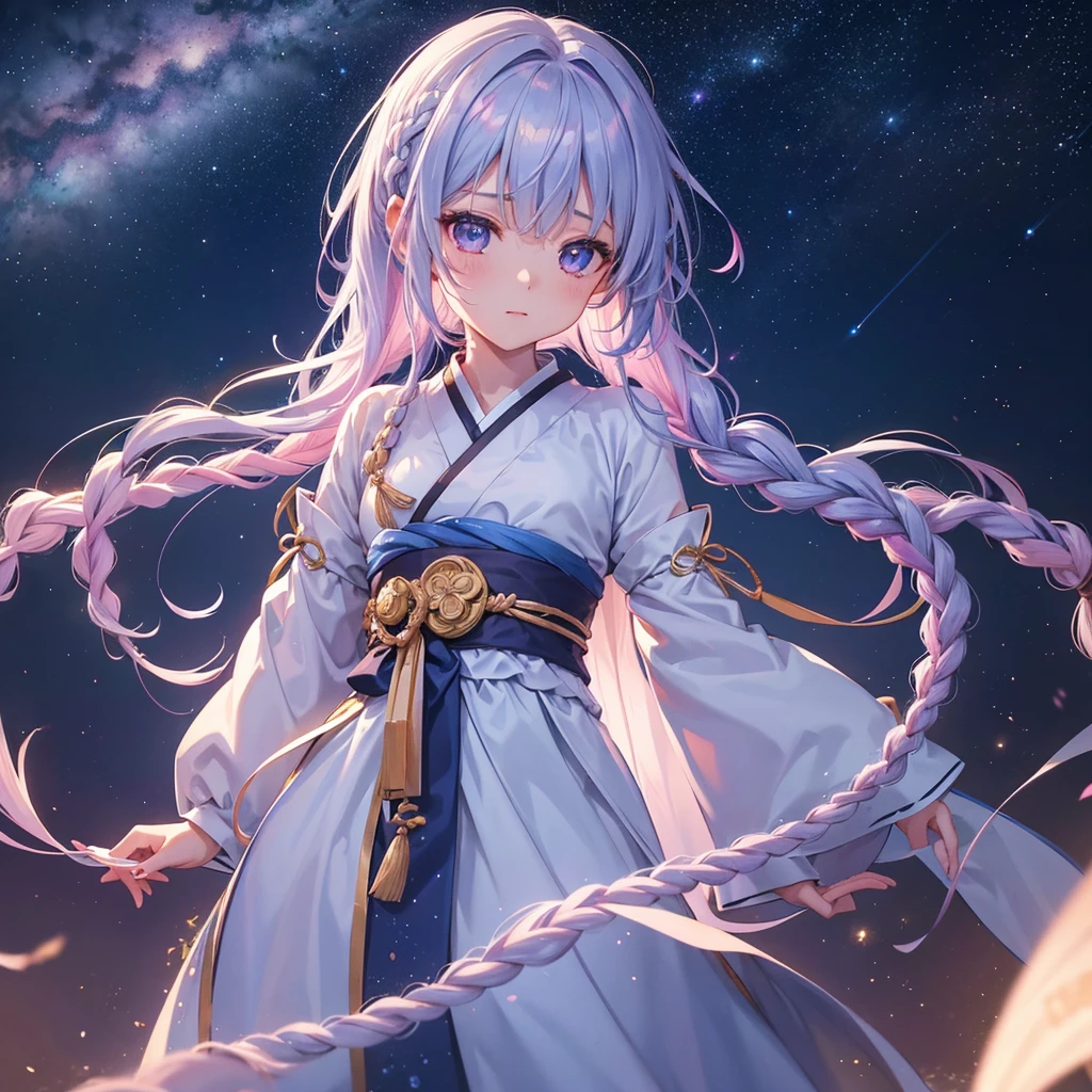 (Sky blue braided hair),Pink eye,Fair skin ,(whole body),(One Girl),Hanfu,Tanabata,(beautiful, The Milky Way shines in the night sky), eye,,(masterpiece, Highest quality, Very detailed, Best Shadow), (Detailed Background), (Beautifully detailed face), High Contrast, (Best lighting, Very delicate and beautiful), ((Cinematic Light)), colorful, Hyper Detail,8k, Dramatic Light, Intricate details,Sparkly Background、