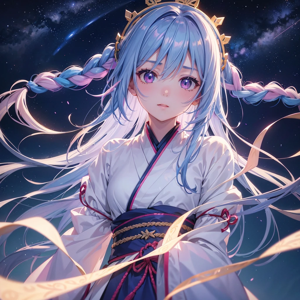 (Sky blue braided hair),Pink eye,Fair skin ,(whole body),(One Girl),Hanfu,Tanabata,(beautiful, The Milky Way shines in the night sky), eye,,(masterpiece, Highest quality, Very detailed, Best Shadow), (Detailed Background), (Beautifully detailed face), High Contrast, (Best lighting, Very delicate and beautiful), ((Cinematic Light)), colorful, Hyper Detail,8k, Dramatic Light, Intricate details,Sparkly Background、