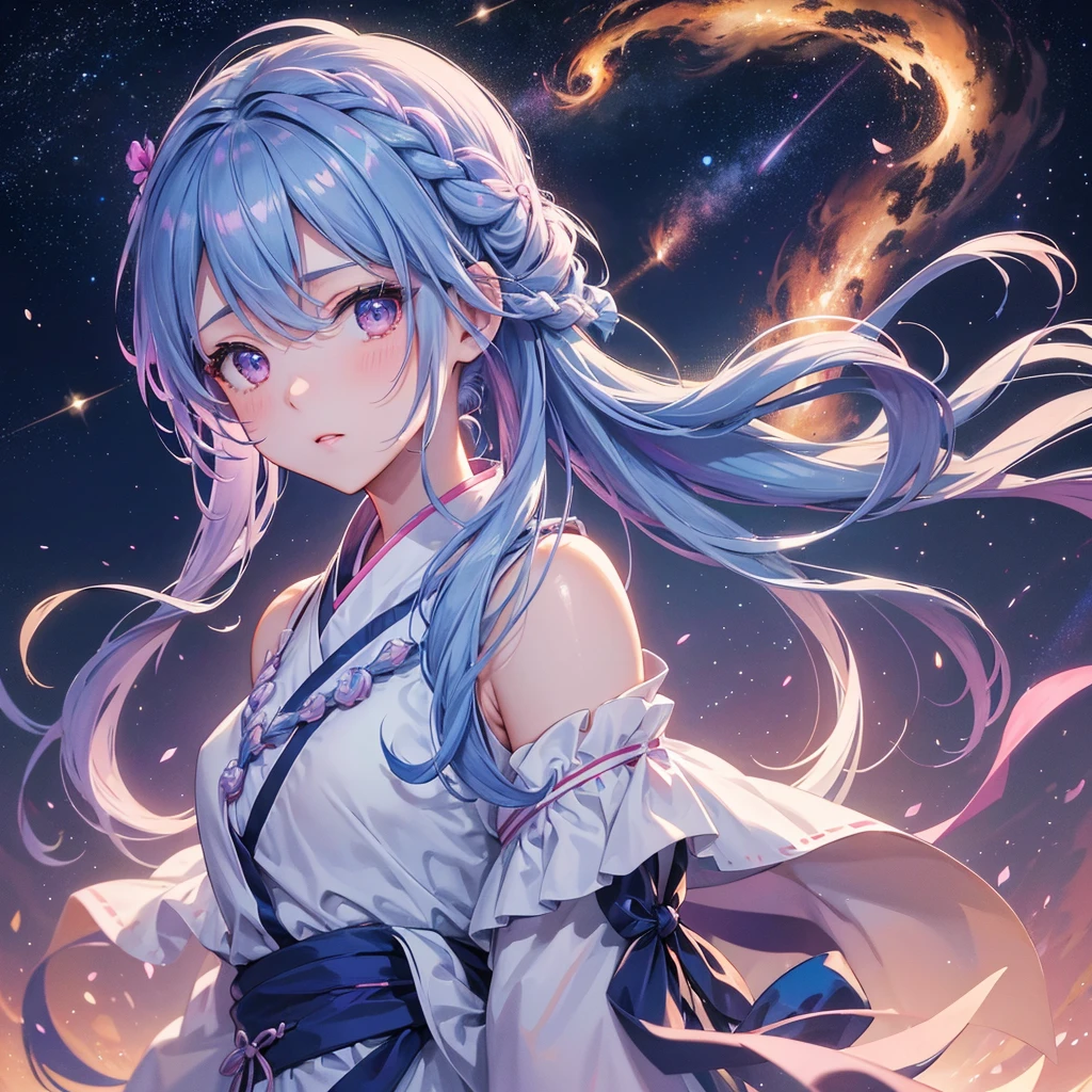 (Sky blue braided hair),Pink eye,Fair skin ,(whole body),(One Girl),Hanfu,Tanabata,(beautiful, The Milky Way shines in the night sky), eye,,(masterpiece, Highest quality, Very detailed, Best Shadow), (Detailed Background), (Beautifully detailed face), High Contrast, (Best lighting, Very delicate and beautiful), ((Cinematic Light)), colorful, Hyper Detail,8k, Dramatic Light, Intricate details,Sparkly Background、