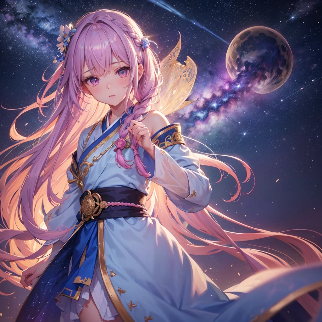 (Sky blue braided hair),Pink eye,Fair skin ,(whole body),(One Girl),Hanfu,Tanabata,(beautiful, The Milky Way shines in the night sky), eye,,(masterpiece, Highest quality, Very detailed, Best Shadow), (Detailed Background), (Beautifully detailed face), High Contrast, (Best lighting, Very delicate and beautiful), ((Cinematic Light)), colorful, Hyper Detail,8k, Dramatic Light, Intricate details,Sparkly Background、