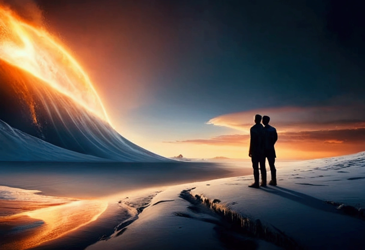 a man standing on the beach looking at a huge wave, Magnificent background, na duna do filme 2 0 2 1, still do film duna-2021, on another planet, in an arena in movie dune-2021, scene from the movie dune 2 0 2 1, Absolutely remarkable image, still do film duna 2020