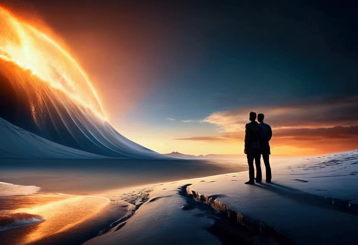 a man standing on the beach looking at a huge wave, Magnificent background, na duna do filme 2 0 2 1, still do film duna-2021, on another planet, in an arena in movie dune-2021, scene from the movie dune 2 0 2 1, Absolutely remarkable image, still do film duna 2020