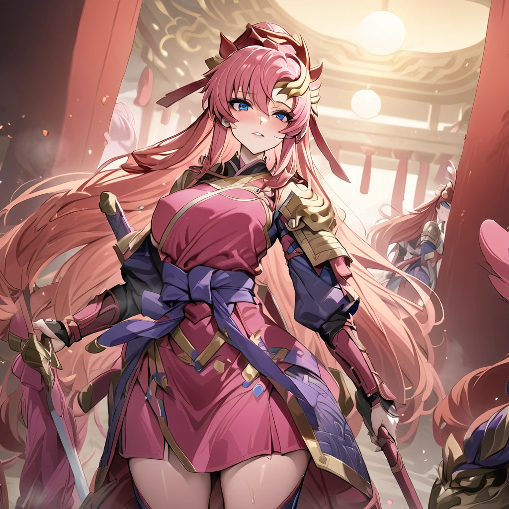 ((Highest quality)), ((masterpiece)), (detailed), （Perfect Face）、The female ancient Chinese warrior is Lacus Clyne, with blue eyes, pink semi-long hair, and is wearing luxurious ancient Chinese warrior equipment, a sword, and a luxurious headdress.、A beautiful female warrior serving the emperor in an ancient Chinese palace
