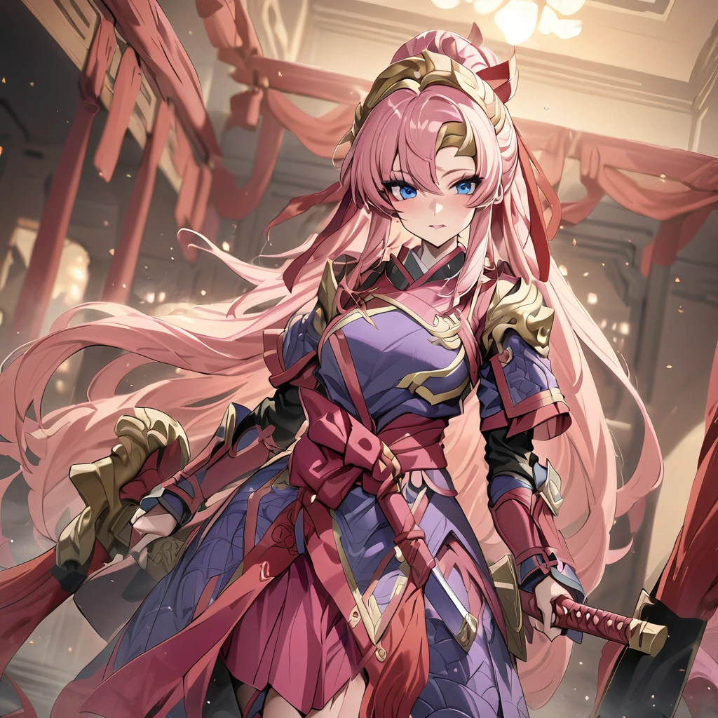 ((Highest quality)), ((masterpiece)), (detailed), (Perfect Face)、The female ancient Chinese warrior is Lacus Clyne, with blue eyes, pink semi-long hair, and is wearing luxurious ancient Chinese warrior equipment, a sword, and a luxurious headdress.、A beautiful female warrior serving the emperor in an ancient Chinese palace