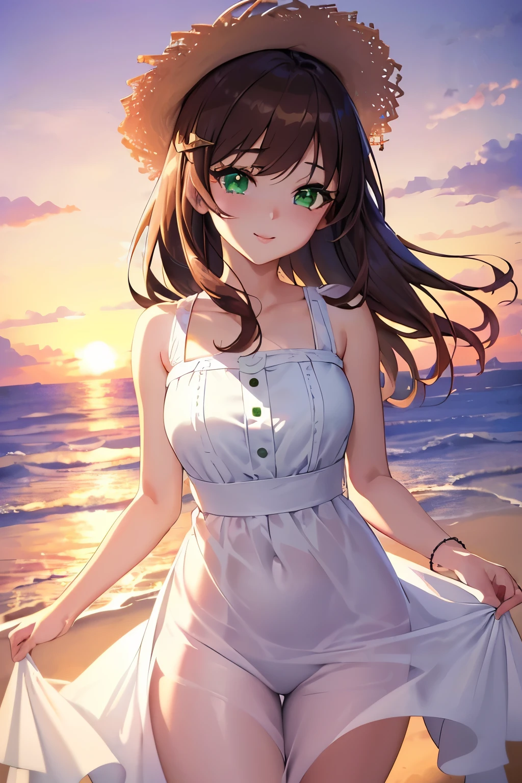 ((masterpiece, Highest quality, High resolution, 超High resolution, Pixel perfect, Written boundary depth, 4K, RTTX 10.0, High resolution))), 1 girl, single, alone, Beautiful Anime Girls, Beautiful art style, Anime characters, ((Shortcuts, bangs, Dark brown hair, Simple hairpin)), ((Green Eyes:1.4, Round eyes, Beautiful eyelashes, current eyes)), ((Smooth texture:0.75, Anime CG style)), Medium chest, ((Dynamic Angle, close)), Perfect body, (pretty girl), 1 girl, White Dress, Straw hat, Cute Smile, Sandy Beach, evening, sunset