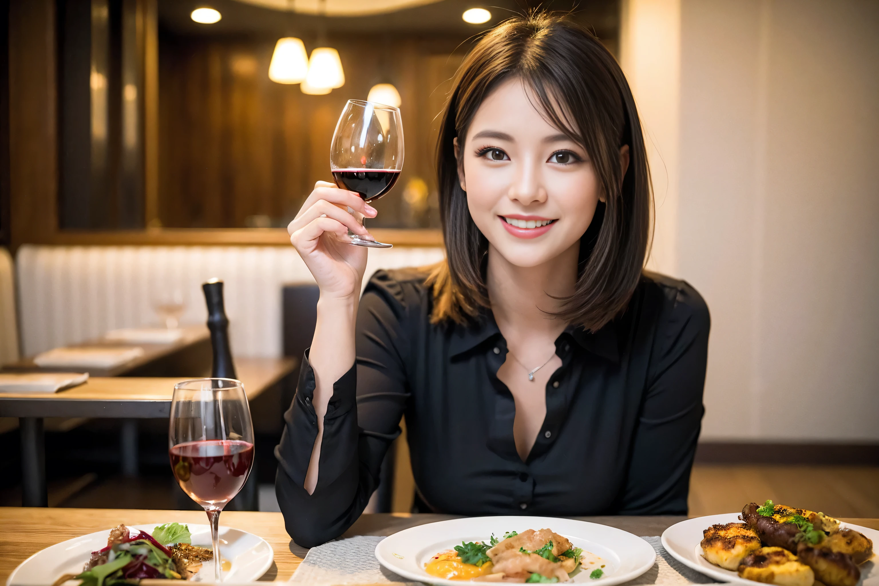 ((Highest quality、8k、masterpiece:1.3))、cute、Slim couple、Model Couple、Actress、(Realistic, Intricate details:1.2), full-course dinner、Wine Party、Amazing view of the sunset sky and clouds、A bright smile、short hair,Bright Face、 (45 years old), 48 years old, red wine 、Appetizers、Italian food、Wine bottle、Champagne、sparkling wine、Two beauties、Brown Hair、Shortcuts、Long sleeve shirt、dress、Beautiful woman 1, (Slim face), (The body is slim), (Brown Hair), (Shortcuts), cheeks turn a little red,Attractive beauty、restaurant, In a prominent place (From the waist up) Nova Frog Style, actress, model, Upper Body, White wine, slim, wine glass, A wine glass placed in the center, smile, (smile: 1.15), Beautiful fine grain, Depth f/2,saturation, High Contrast, Strong light and shadow,Moist Body:1.5、3D texture、Delicate eyes、Brown Hair、The hair is very shiny、