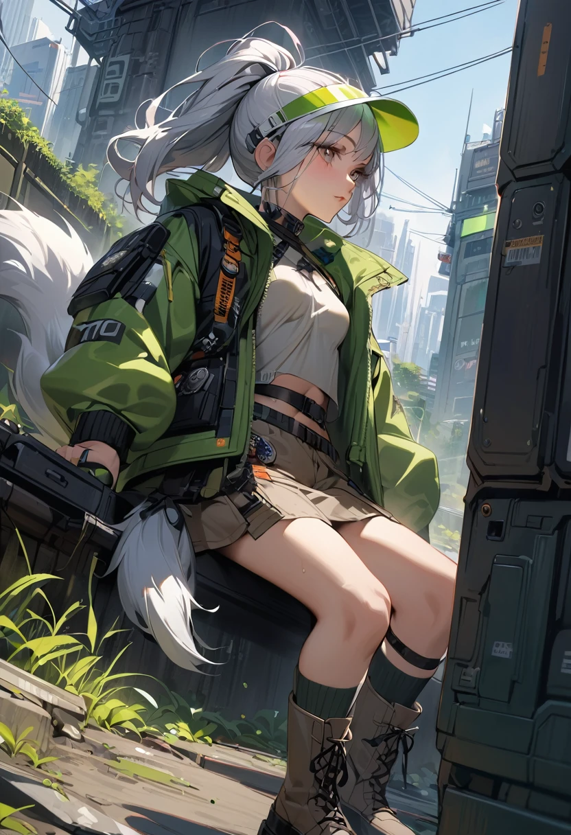 (Masterpiece, BestQuality), (hyperrealistic),cyberpunk,girl scouting the surrounding area,cheerful,BREAK (15yo,cute,silver hair,ponytail,wolf ear,sun visor,wolf groves,eyes with large irises,small nose, fresh lips,middle small breasts,white and khaki onepiece,mini skirt,wolf tail,khaki knee high socks,platform boots),BREAK look away,dynamic pose,absurd, unusual, extraordinary, in cyberpunk landfill,japan, intricate details, depth of field,portrait, sharp,
