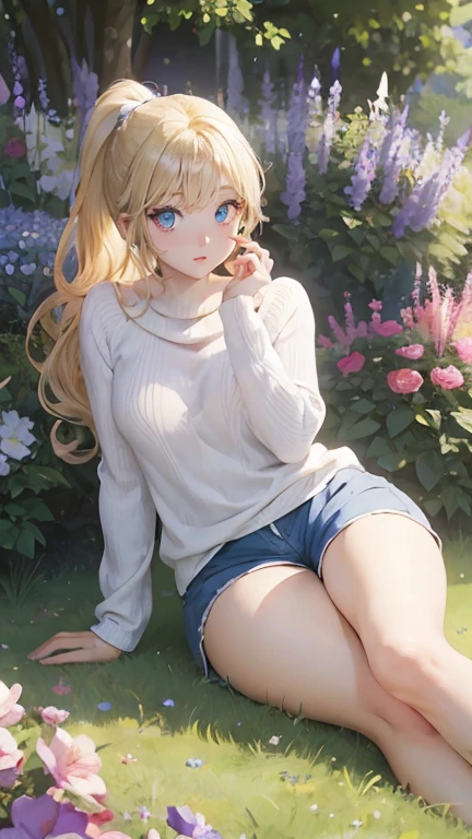 (masterpiece:1.2), (highest quality:1.2),, Curvy but slender body, perfect eyes, perfect face, perfect lighting, 1 girl, in the garden, （sweater），（I can see your feet），（sexy），（shorts），（glasses），（ponytail），curly hair, fine clothes, detailed outdoor background, compensate, eye shadow, thick eyelashes, fantasy, looking at the viewer, whole body，alice in wonderland、blue sky、Bright and very beautiful face、young shiny glossy white shiny skin、the best beauty、the most beautiful bright blonde hair in the world、thin hair、long hair、Shining beautiful bangs、Glowing crystal clear big blue eyes、Very beautiful and lovely 18 years old, the most beautiful girl in the world、small breasts