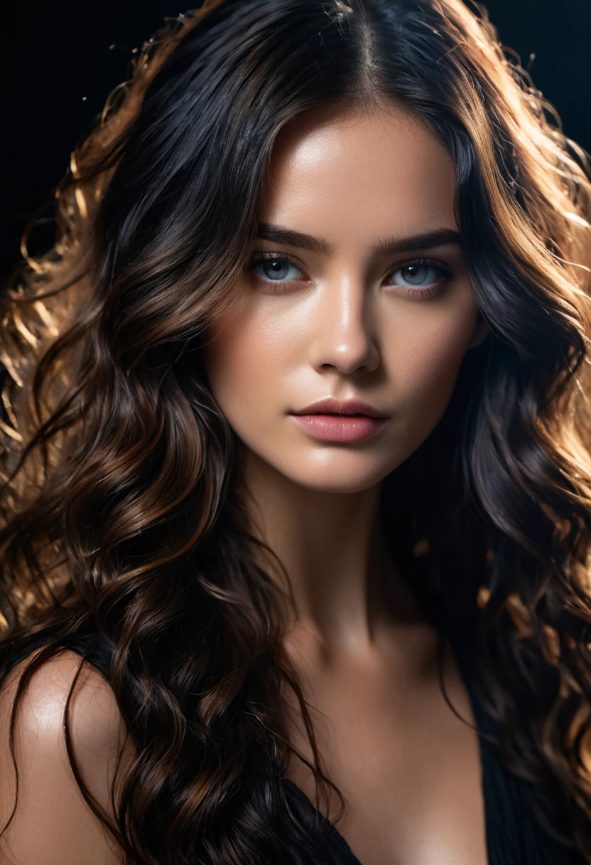 (wavy brunette perfect body Supermodel), (medium hair length), nude, right portrait, pose with a smirk, feminine fit detailed body and face and skin pores, highly detailed expressive, all black background, space above head, depth of field, skin details, ultra realistic, cinematic