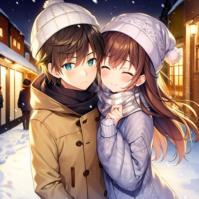 Masterpiece, best quality, high quality, One boy, One girl, a couple, wearing cozy sweaters and hats to keep warm. In the street, closed eyes, kissing, blushed faces, Boy has Short Brown hair, Girl has Long Brown hair, In the background there are people walking, romantic atmosphere, Love, with soft lighting and a touch of snow falling in the air. The colors are warm and inviting, Winter, snow on the ground, Night