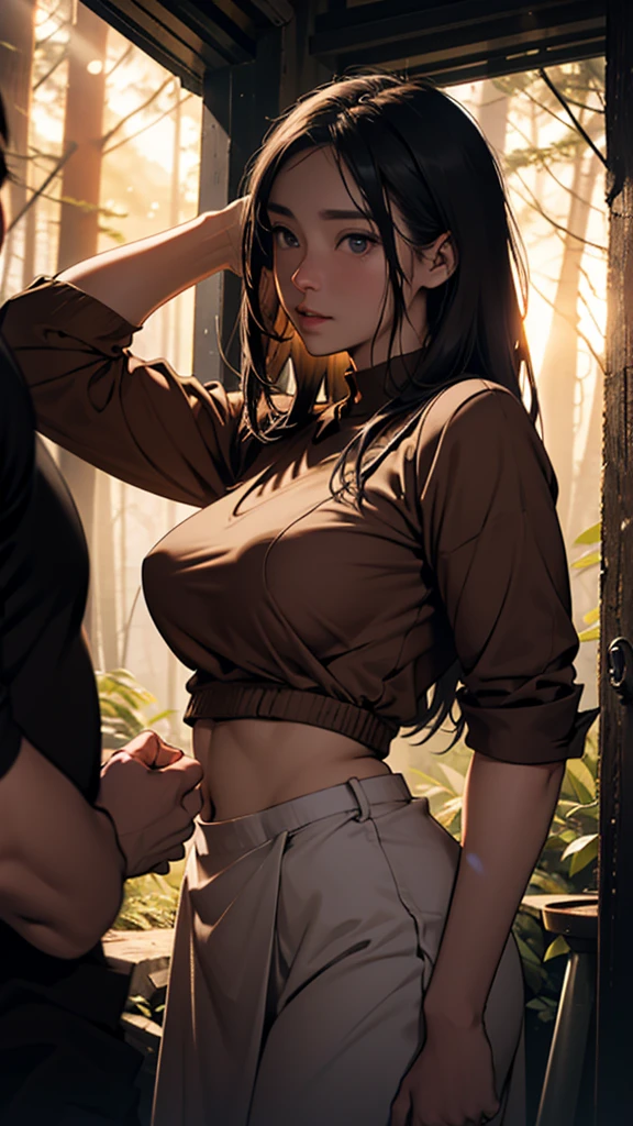 a couple at a drunken night party in the forest above the hills, girl wearing short clothes with big hips, detailed face and body, ultra-realistic, cinematic lighting, wide angle
