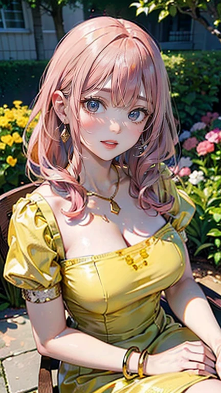 (Masterpiece, BestQuality:1.3), (ultra detailed:1.2), (hyperrealistic:1.3), (RAW photo:1.2), High detail RAW color photo, professional photograph, (Photorealistic:1.4), (realistic:1.4), professional lighting, perfect anatomy, (Big Breasts:1.2), (blush, detailed face), (cheerful Smile:1.5), (Pink Hair:1.5), Trending Hair&Trending Hairカラーをランダムに, earrings, necklace, bracelet, sexly, erotic sexly, Random sexy gravure poses, (A beautiful woman wearing a mustard yellow dress、Elegant smile at a garden party、Gold Bracelet、Pose of sitting on a chair and crossing your legs。: 1.3)