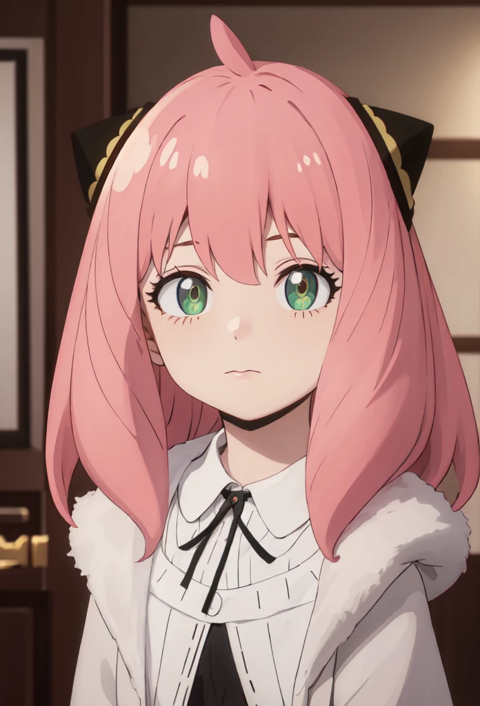 best quality, masterpiece, highres, solo, (anya_forger_spyxfamily:1.10), 1girl, , close-up, hairpods, indoors, meme, blurry background, eyelashes, anime coloring, looking at viewer, parody, portrait, anime_style, 11