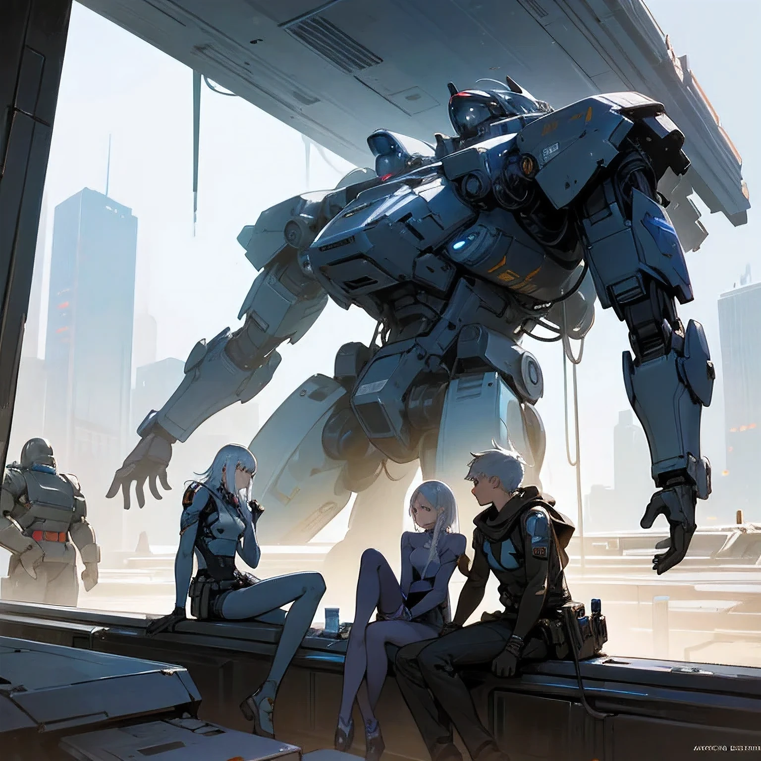 a cartoon of a group of people sitting on a ledge, detailed science fiction art, Comic book cover art Sci-fi illustrations, science fiction illustrations, after a battle, inspired , depicted as a science fiction scene, epic full color illustration, Discarded mech in background, science fiction illustration, award-winning science fiction art, as illustrated in the best comic White-haired-blue-eyed boy.