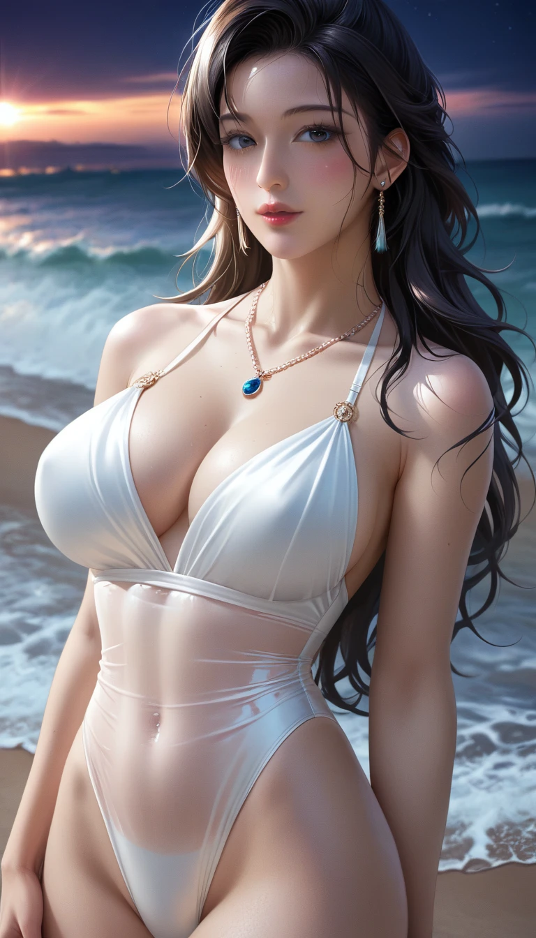 score_9, score_8_superior, score_7_superior, Masterpieces with up to 16K resolution,Highest quality,it is really amazing,Very detailed,Ultra-high resolution,(Ultra-realistic:1.1),(Realistic:1.1),Increased depth of field,Cinematic lighting,
Elegant Japanese MILF,
Long black hair,Ultra-detailed and beautiful faces,Translucent white skin,Very detailedな肌,
(Elegant white swimsuit:1.1),
Bold design,Artistic design,Beautiful and detailed pattern,Detailed fabric texture,
Gorgeous necklace,Earrings,
(Bali Beach:1.1),(Dark beach at night:1.1),(Deserted beach:1.1),(A pitch black night sky with dark clouds:1.1),
(Dramatic Angle:1.1),