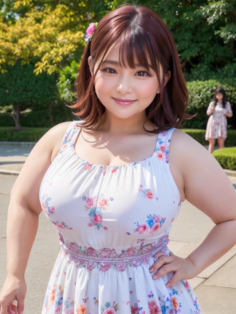 A beautiful and hot almost chubby mature woman.who is wearing a patterned short dress and is and standing in the park. A smiling face、sexy woman、A radiant smile、adorable、race、Frills、Colorful design、Full-length mirror、An inviting gaze、Gorgeous long and beautiful hairstyle、variation Hairstyle、Open neck blouse、Flower Garden、Sparkling、Elegant Princess、さらさらヘアー、アクセサリー, ヘアフラワー, 