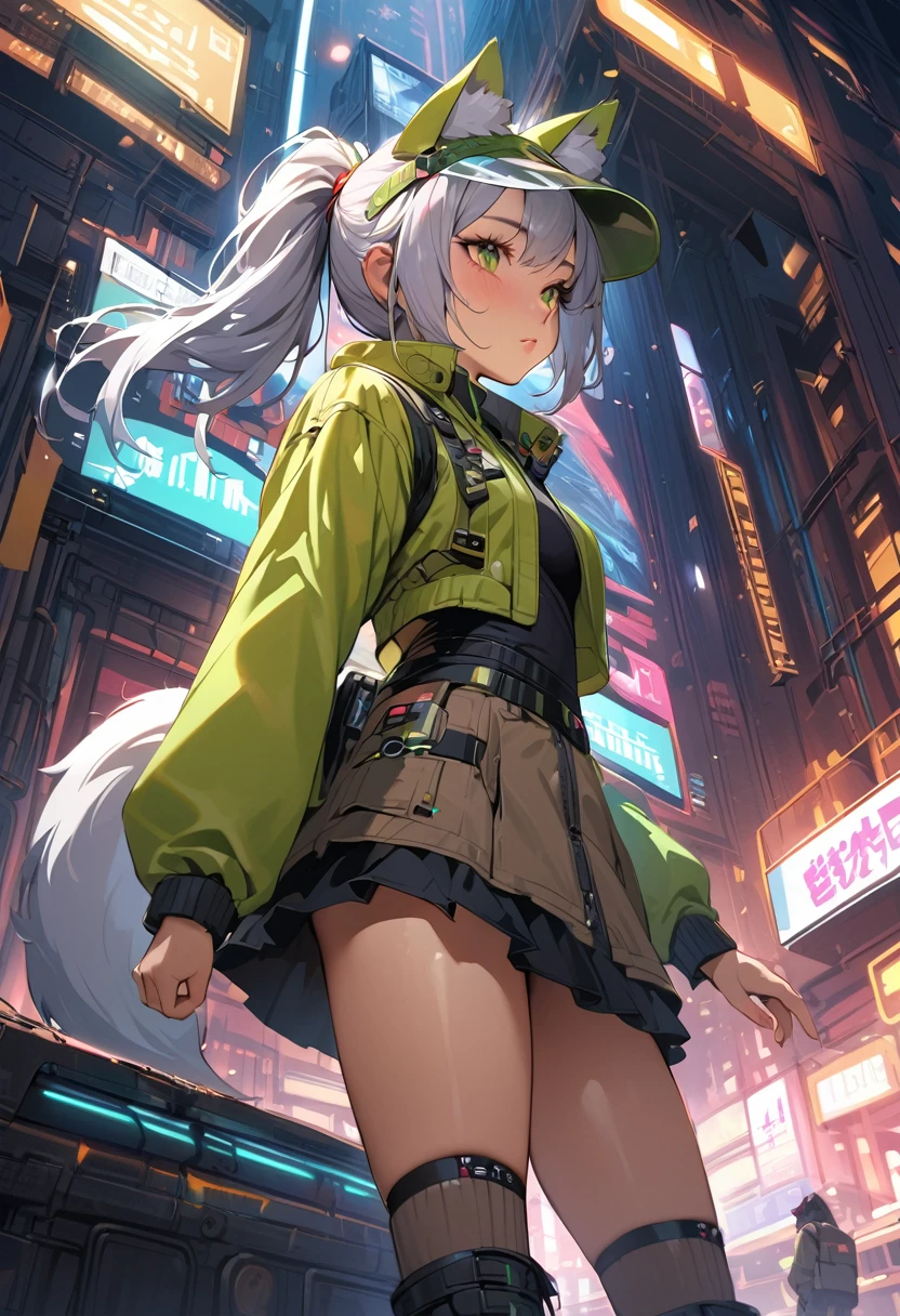 (Masterpiece, BestQuality), (hyperrealistic),cyberpunk,girl scouting the surrounding area,cheerful,BREAK (15yo,cute,silver hair,ponytail,wolf ear,sun visor,wolf groves,eyes with large irises,small nose, fresh lips,middle small breasts,white and khaki onepiece,mini skirt,wolf tail,khaki knee high socks,platform boots),BREAK look away,dynamic pose,absurd, unusual, extraordinary, in cyberpunk landfill,japan, intricate details, depth of field,portrait, sharp,