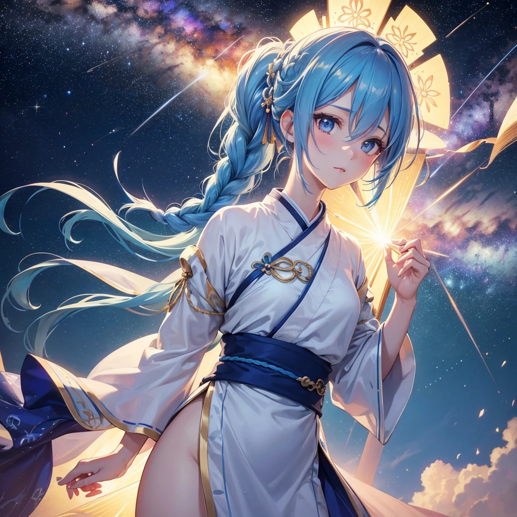 Sky blue hair, (Braided Ponytail), ピンク色のeye,Fair skin ,(whole body),(One Girl),Hanfu,Tanabata,(beautiful, The Milky Way shines in the night sky), eye,,(masterpiece, Highest quality, Very detailed, Best Shadow), (Detailed Background), (Beautifully detailed face), High Contrast, (Best lighting, Very delicate and beautiful), ((Cinematic Light)), colorful, Hyper Detail,8k, Dramatic Light, Intricate details,