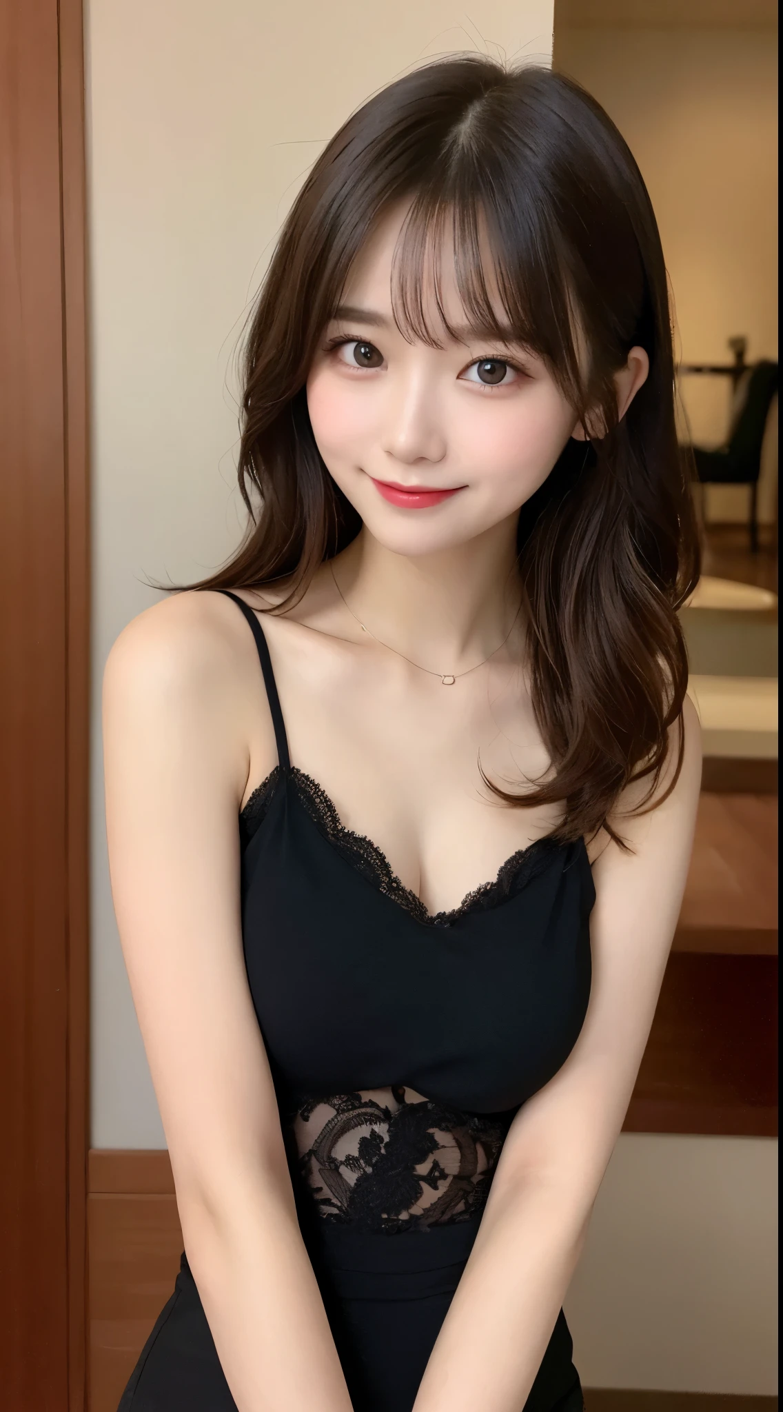 Tabletop, Highest quality, shape, Very detailed, finely, High resolution, 8k wallpaper, 完璧なダイナミックな構shape, Beautiful and detailed, Beautiful straight hair,Small breasts,Natural color lip, 20-year-old girl、cute、Always blur the background,Perfect and beautiful face,Slim face and figure,Big eyes、Putting on gal makeup,Actual Photos(Best image quality)、Full Body Shot、smile、