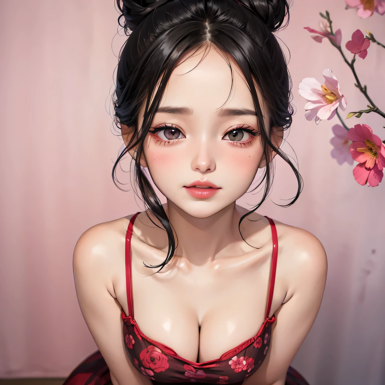 Sexy woman, black hair in a bun, long forehead, seductive eyes, medium nose, perfect pink lips seductively parted, deep blush, flustered, beautiful long neck, collarbone, medium chest, long red floral dress, looking at us with lust and love, blushing intensely, smiling at us, looking tantalizingly sexy