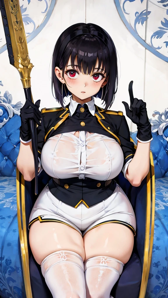 Face Focus , ((Highest quality)), ((Tabletop)), Perfect Face, （((White knee-highs))) ,   Official Art,Black knee-high socks,Beautiful Face,Standing posture,White tights,((((Thick thighs)))),short hair,Black Hair,Plump,((((uniform)))),((((Black gloves)))),Earrings,(Huge breasts),Standing posture,valley,Shorts,blue sky,Outdoor,garden,Red Eyes