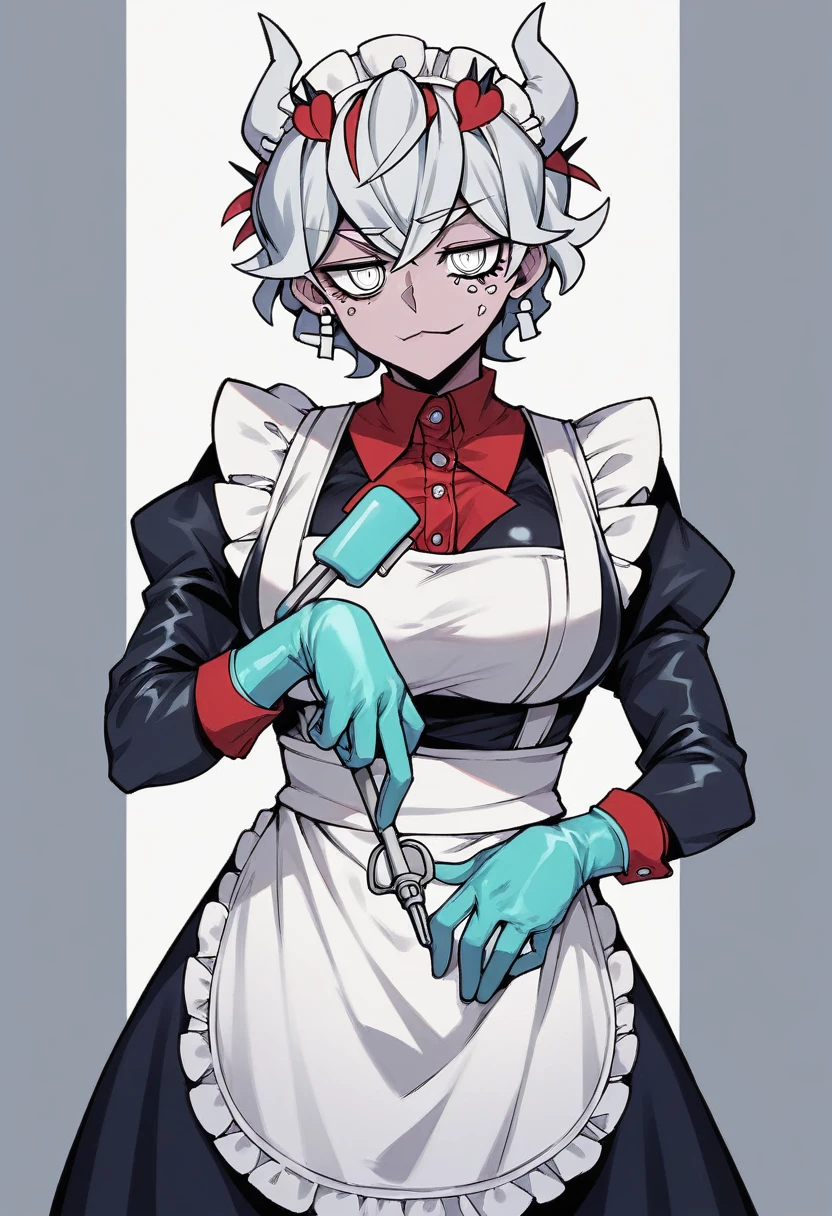 1girl, beelzebub \(helltaker\), ((blue medical gloves)), (latex gloves), (maid uniform), ((long sleeves)), looking at viewer, standing, solo