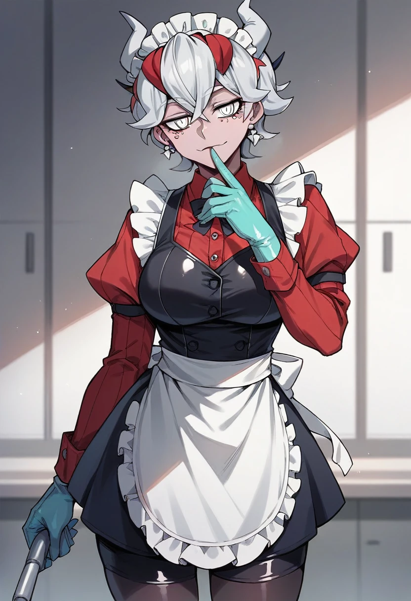 1girl, beelzebub \(helltaker\), ((blue medical gloves)), (latex gloves), (maid uniform), ((long sleeves)), looking at viewer, standing, solo