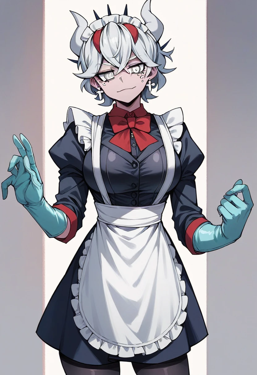 1girl, beelzebub \(helltaker\), ((blue medical gloves)), (latex gloves), (maid uniform), ((long sleeves)), looking at viewer, standing, solo
