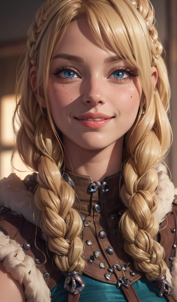 Astrid Hofferson,smile,portraits,artwork,(best quality,absurd,detailed,ultra-detailed:1.3),beautiful detailed eyes,beautiful detailed lips,longeyelashes,masterpiece:1.2,vivid colors,soft lighting