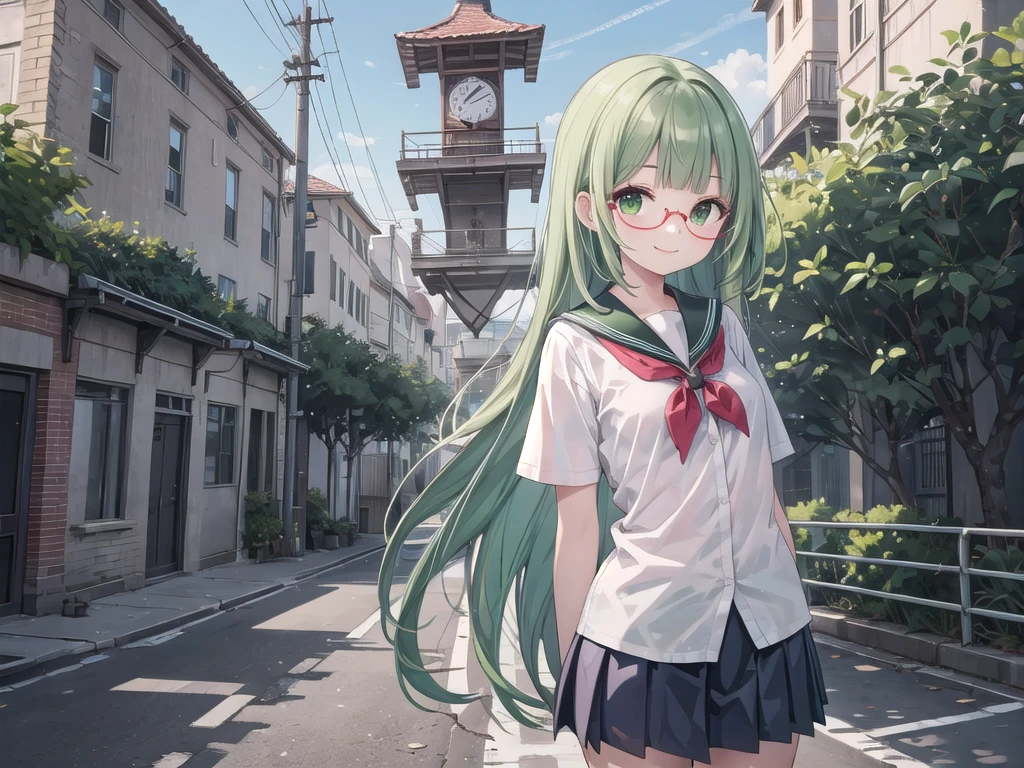 (((one woman))),(((green hair))),(((very long hair))),(((straight hair))),(((blunt bangs))),(((green eyes))),(((red frame glasses))),(((small breasts))),
BREAK,(((smile))),
BREAK,(((school uniform,white short sleeve shirt))),
BREAK,(((arm behind back))),(((model posing))),
BREAK,(((outdoor,daytime,Schoolyard))),
BREAK,(((high quality))),(((masterpiece))),((illustration style))