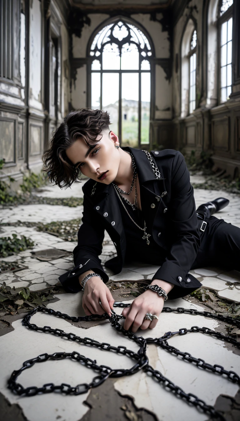 Gothic normal short wavy haired young men with aesthetic chain jewellery is laying on the floor outside in a abandoned mansion with black and white background