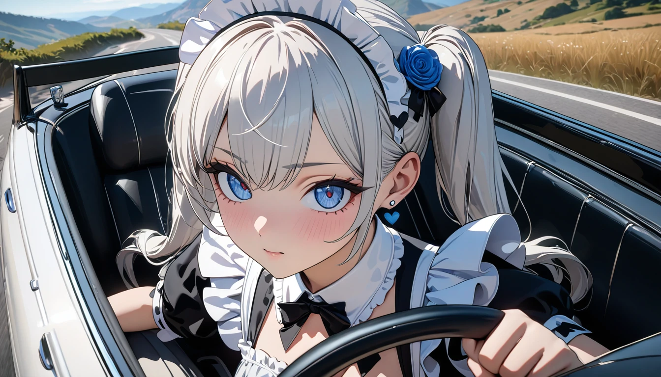 ((best quality)), ((masterpiece)), (detailed), perfect face, ((Best quality, 8k, Masterpiece: 1.3)), Sharp focus, Highly detailed face and skin texture, Detailed eyes, Double eyelid, silver hair, twin tails, hair flower, heart earrings, A maid costume with frills, white brim, high resolution, Textured skin, anime style, A maid driving a Convertible, convertible car, Running on mountain roads