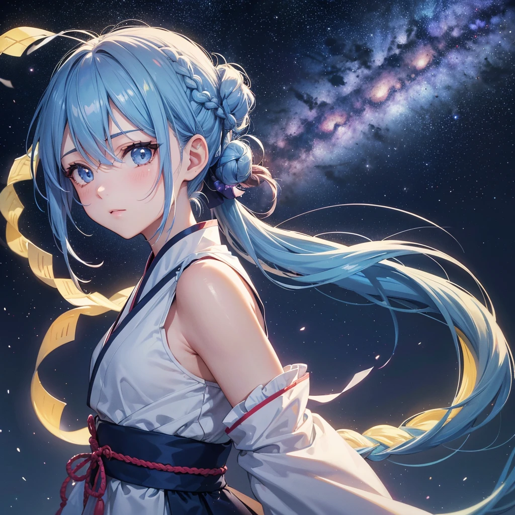 Sky blue hair, (Braided Ponytail), ピンク色のeye,Fair skin ,(whole body),(One Girl),Hanfu,Tanabata,(beautiful, The Milky Way shines in the night sky), eye,,(masterpiece, Highest quality, Very detailed, Best Shadow), (Detailed Background), (Beautifully detailed face), High Contrast, (Best lighting, Very delicate and beautiful), ((Cinematic Light)), colorful, Hyper Detail,8k, Dramatic Light, Intricate details,