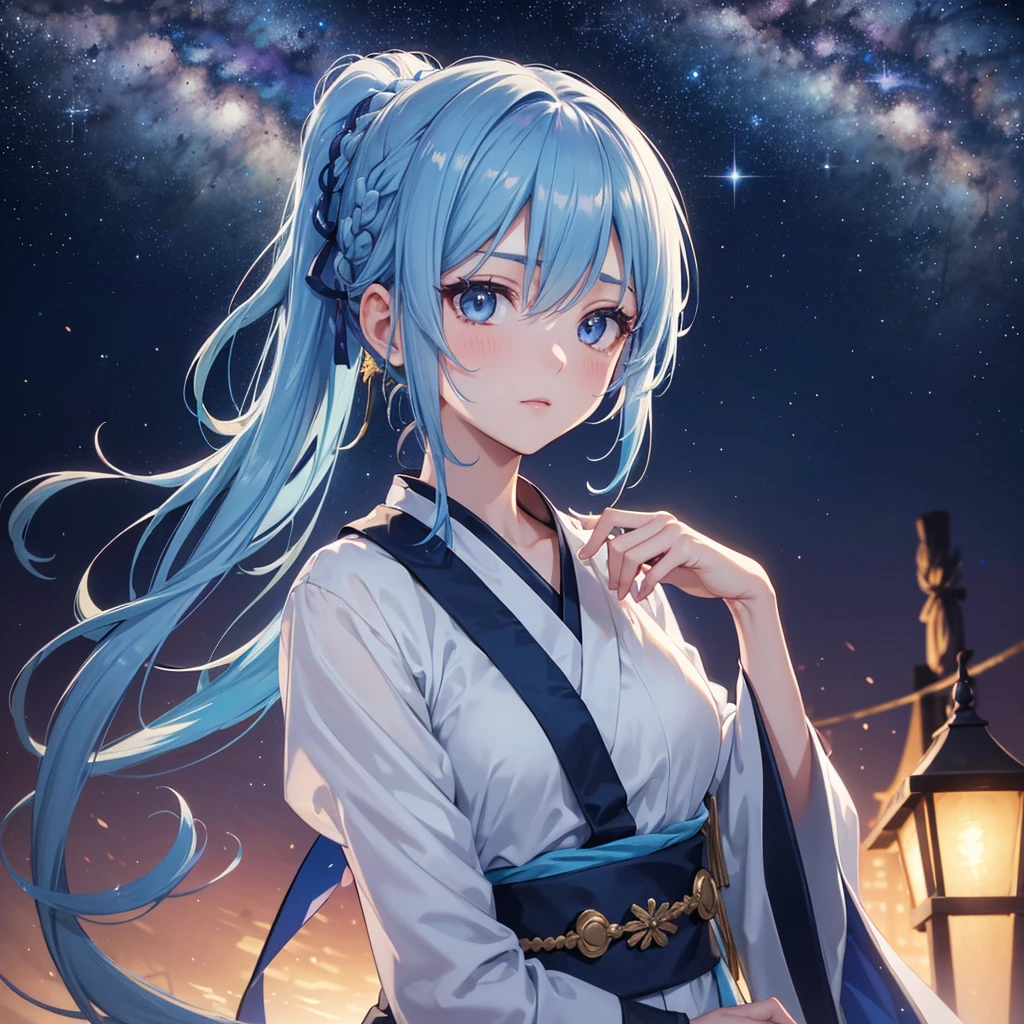 Sky blue hair, (Braided Ponytail), ピンク色のeye,Fair skin ,(whole body),(One Girl),Hanfu,Tanabata,(beautiful, The Milky Way shines in the night sky), eye,,(masterpiece, Highest quality, Very detailed, Best Shadow), (Detailed Background), (Beautifully detailed face), High Contrast, (Best lighting, Very delicate and beautiful), ((Cinematic Light)), colorful, Hyper Detail,8k, Dramatic Light, Intricate details,