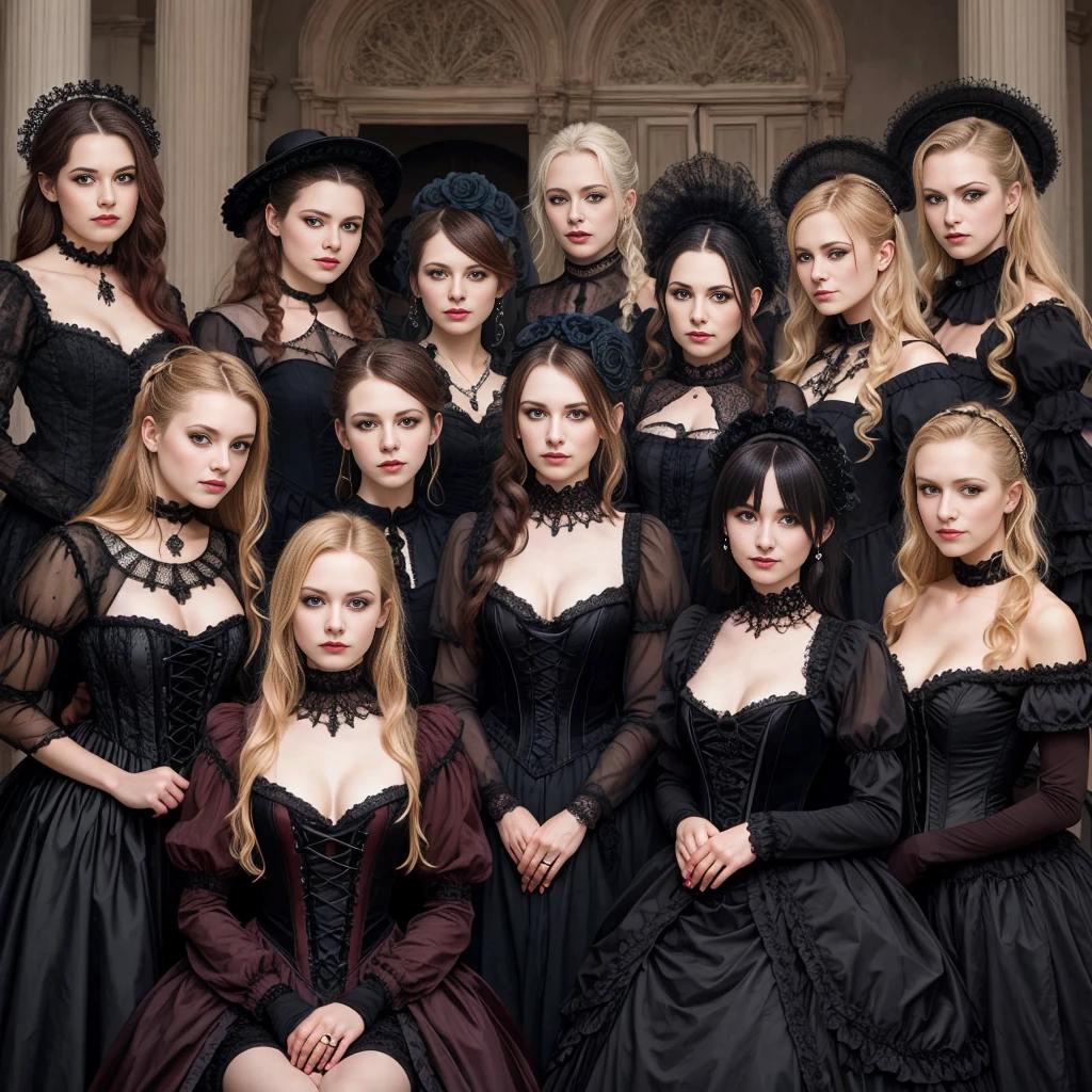 beautiful group of 18 personil woman dutch wearing gothic costume focus on face