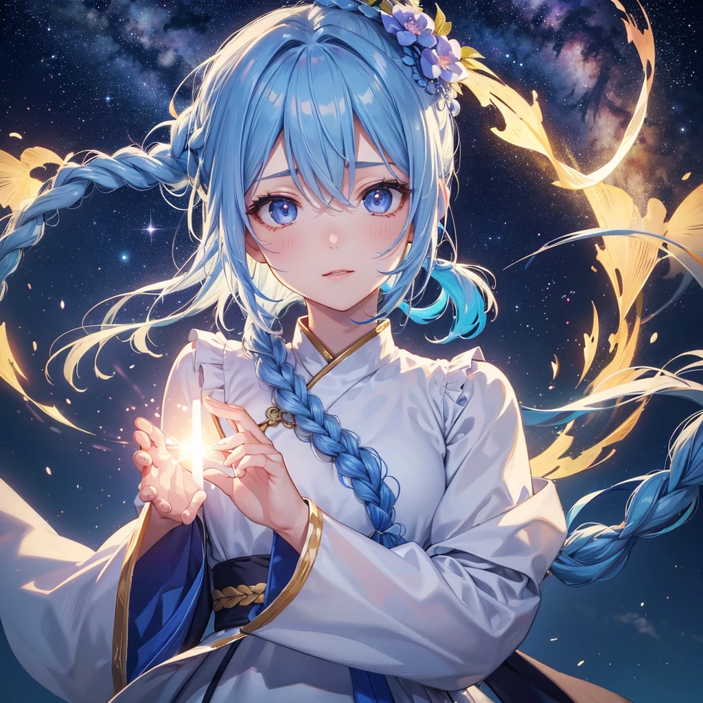 Sky blue hair, (Braided Ponytail), ピンク色のeye,Fair skin ,(whole body),(One Girl),Hanfu,Tanabata,(beautiful, The Milky Way shines in the night sky), eye,,(masterpiece, Highest quality, Very detailed, Best Shadow), (Detailed Background), (Beautifully detailed face), High Contrast, (Best lighting, Very delicate and beautiful), ((Cinematic Light)), colorful, Hyper Detail,8k, Dramatic Light, Intricate details,Mysterious Light、
