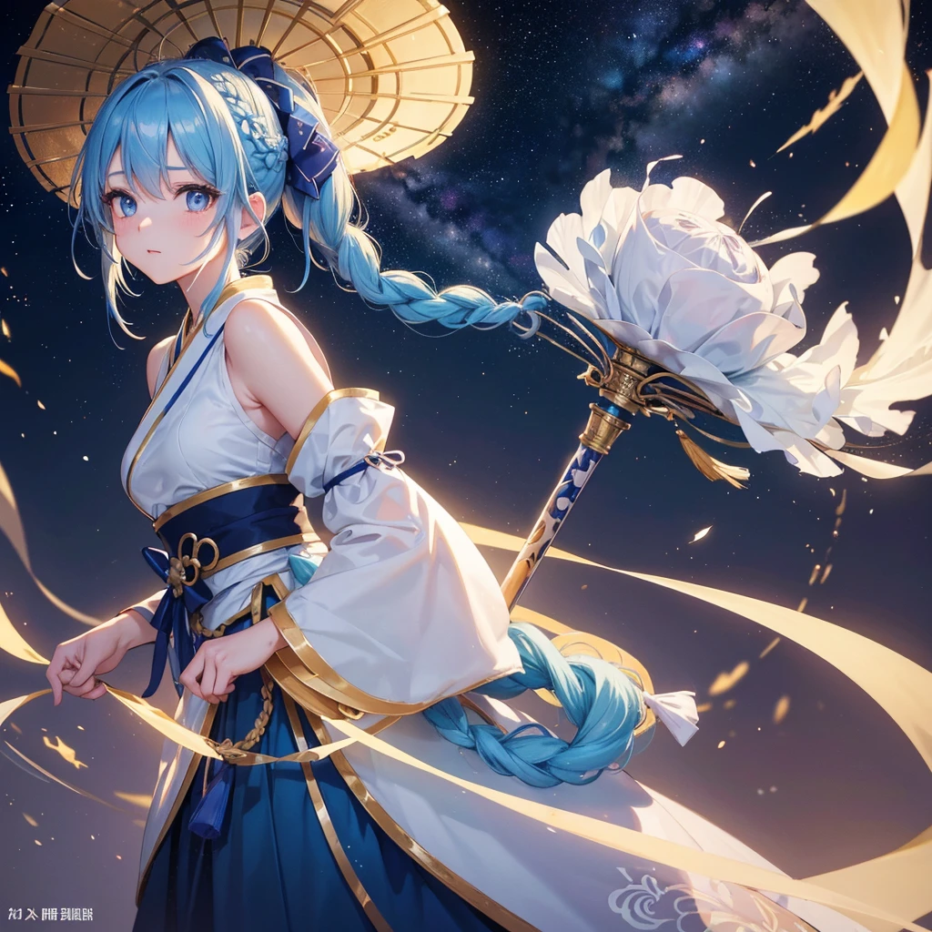 Sky blue hair, (Braided Ponytail), ピンク色のeye,Fair skin ,(whole body),(One Girl),Hanfu,Tanabata,(beautiful, The Milky Way shines in the night sky), eye,,(masterpiece, Highest quality, Very detailed, Best Shadow), (Detailed Background), (Beautifully detailed face), High Contrast, (Best lighting, Very delicate and beautiful), ((Cinematic Light)), colorful, Hyper Detail,8k, Dramatic Light, Intricate details,Mysterious Light、