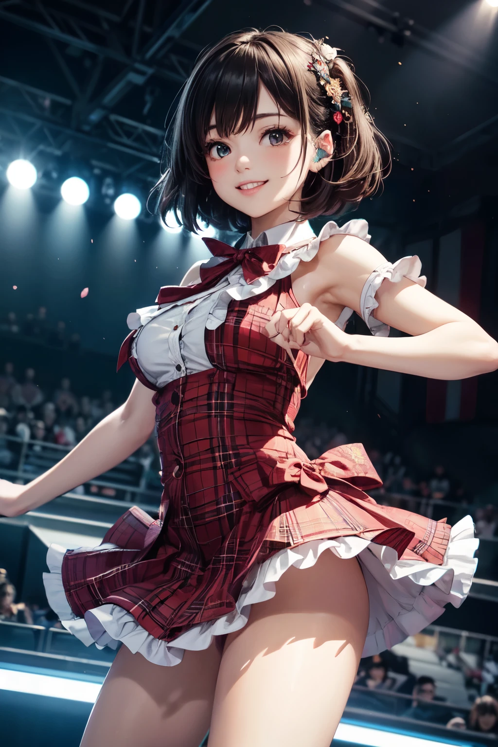 very cute and beautiful girl,(highly detailed beautiful face and eyes),(smile:1.2),happy,
black hair,looking at viewer,dancing,singing,beautiful legs,cowboy shot,
plaid scarlet idol costume like AKB48,teen akiba idol,detailed frills,
live stage,concert hall,spot light,
(best quality,masterpiece),absurdres,highres,ultra-detailed,extremely detailed,32k,8k resolution,
intricate details,cinematic scene,detailed background,solo,dynamic angle,